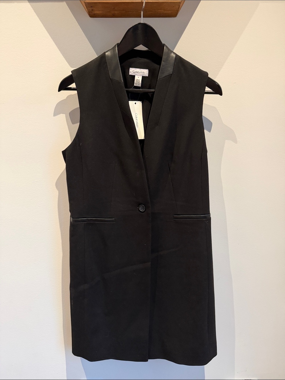 Calvin Klein Black Sleeveless Longline Vest with Leather Trim
